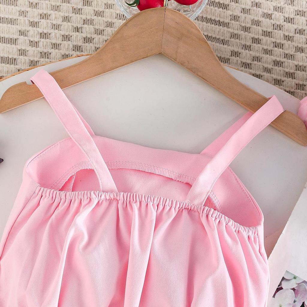 2PCS Girls 3D Flower Beaded Cami Top & Button Skirt Set, Casual Summer Two-Piece Outfit