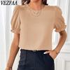 VEZFAA женские модные повседневные летние весенние однотонные блузки и рубашки с короткими рукавами и круглым вырезом с принтом