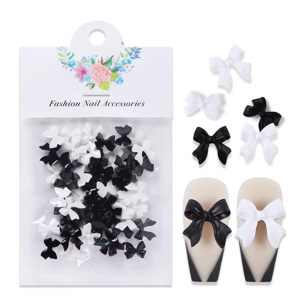 50Pc Black White Resin Bow Tie Nail Charms Decorations Cute Bowknot Rhinestone Nails Accessories for DIY Korean Manicure Designs
