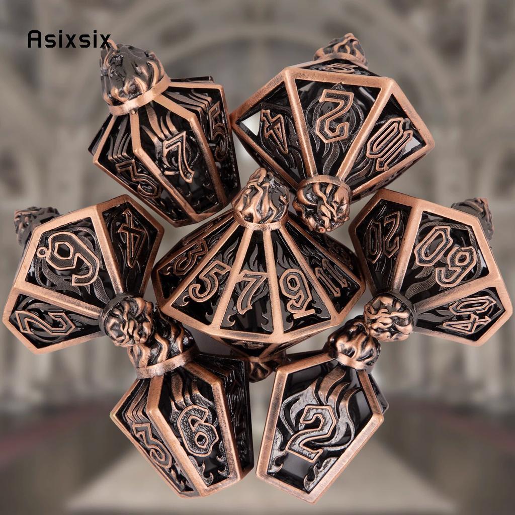 7 Pcs Copper Flame Metal Dice Hollow Metal Polyhedral Dice Set Suitable for Role-Playing RPG Board Game Card Game