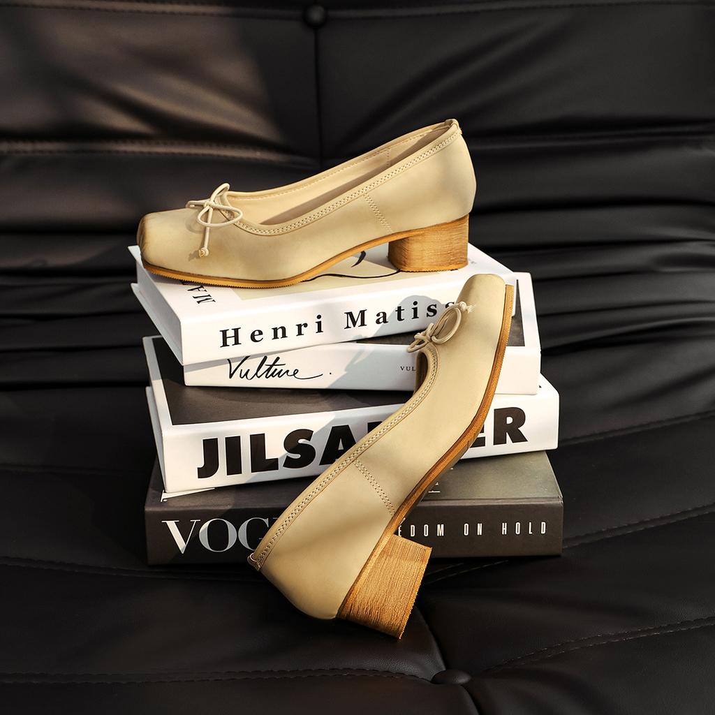 Bow Ballet Single Shoes Retro Middle Heel Thick Heel Pig Nose Shoes Square Head Ballet Shoes Women's Shallow Mouth Mary Jane Shoes