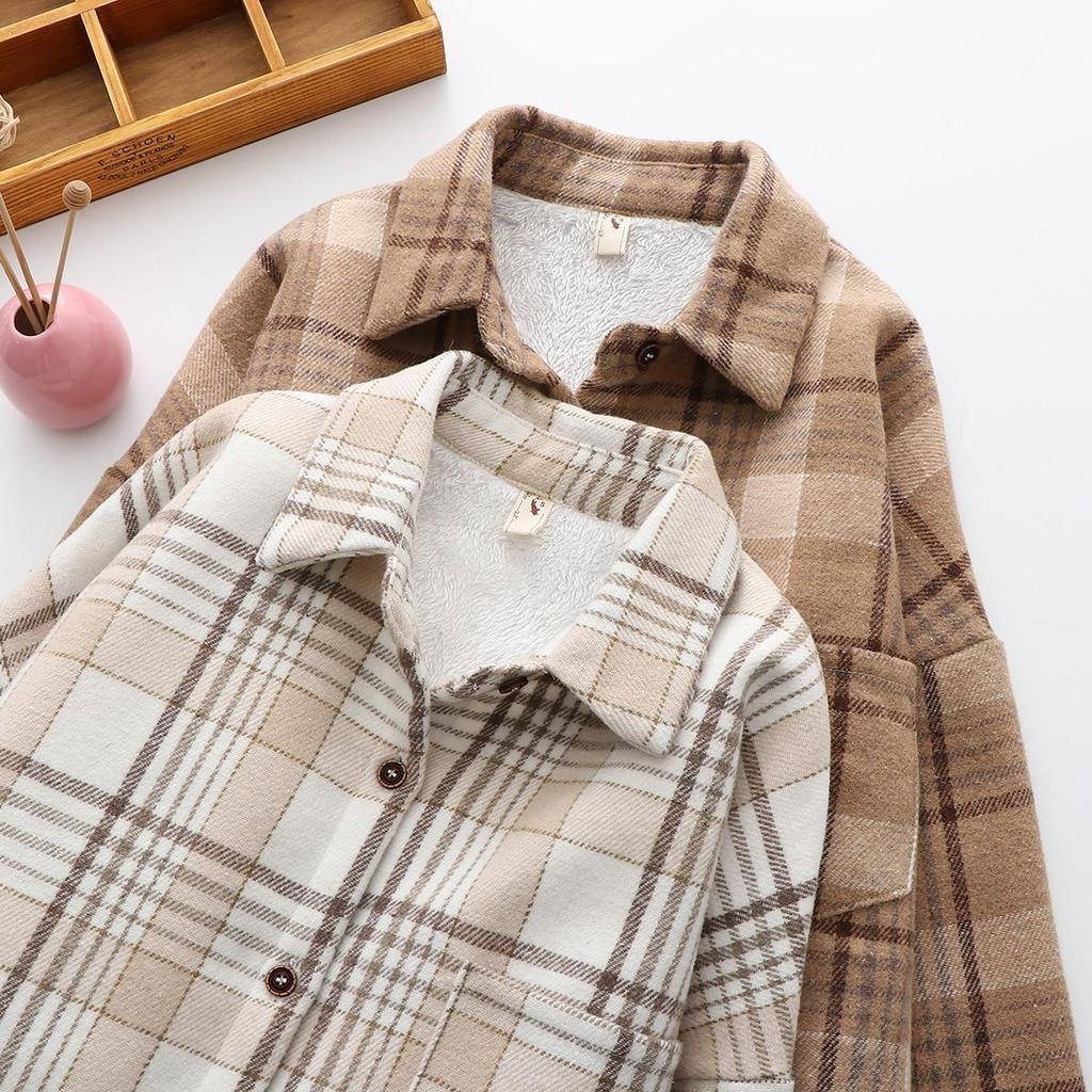 Fashion Thick Velvet Plaid Shirts Women Winter Keep Warm Blouses and Tops New Casual Slim Female Clothes Outwear
