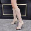 Fashion Peep Toe Women Knee High Boots High Heel Sexy Lace Mesh Summer Cool Long Boot Breathable Black Dance Party Shoes Plus Size 45