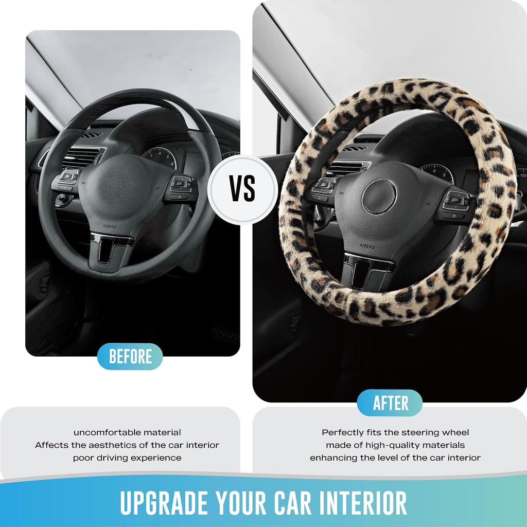 Road Comforts Leopard Plush Steering Wheel Cover For Winter, Made With Flurry Microfiber, Universal Fit 14 1/2 To 15 Inches, Soft Fuzzy Warm For