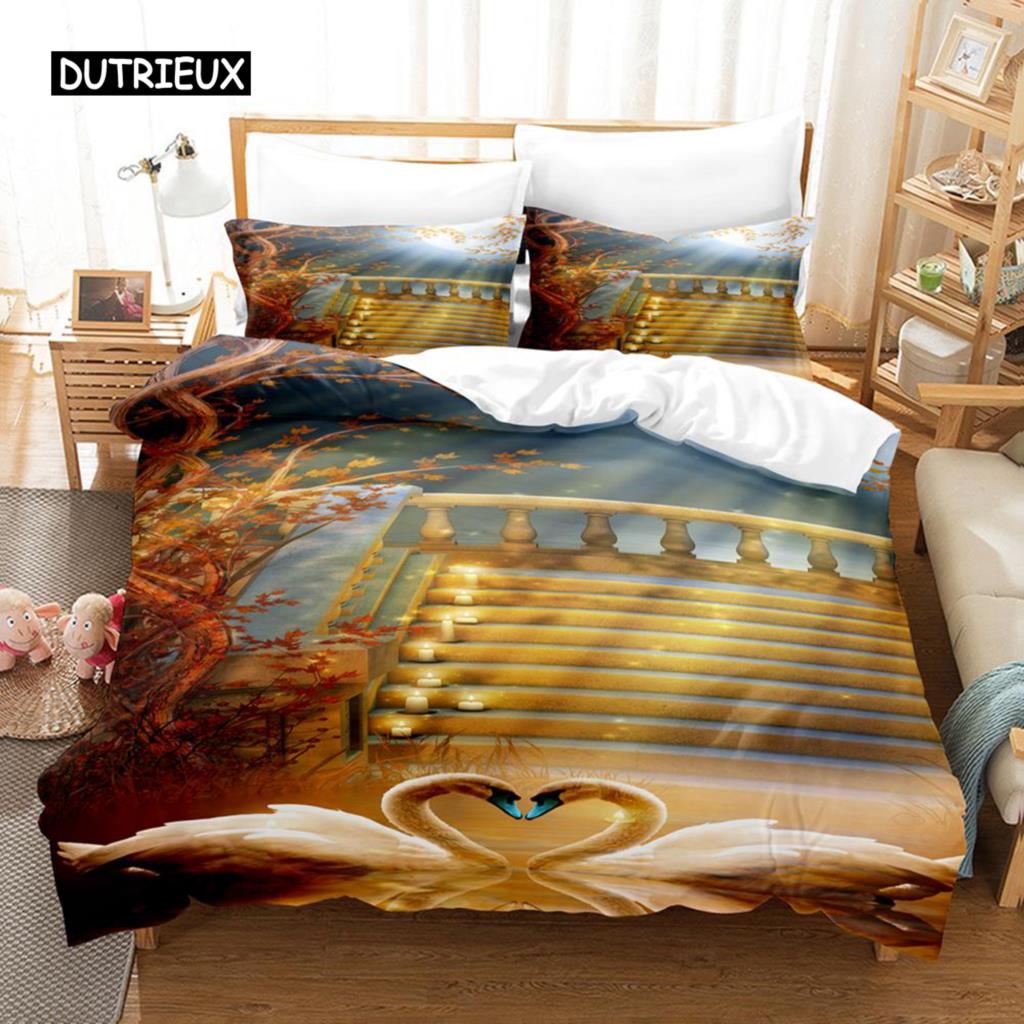 Пододеяльник с изображением лебедя, комплект постельного белья для близнецов, комплект постельного белья из микрофибры, размер Queen King, птицы, романтический стиль, пододеяльник с изображением диких животных для девочки и мальчика