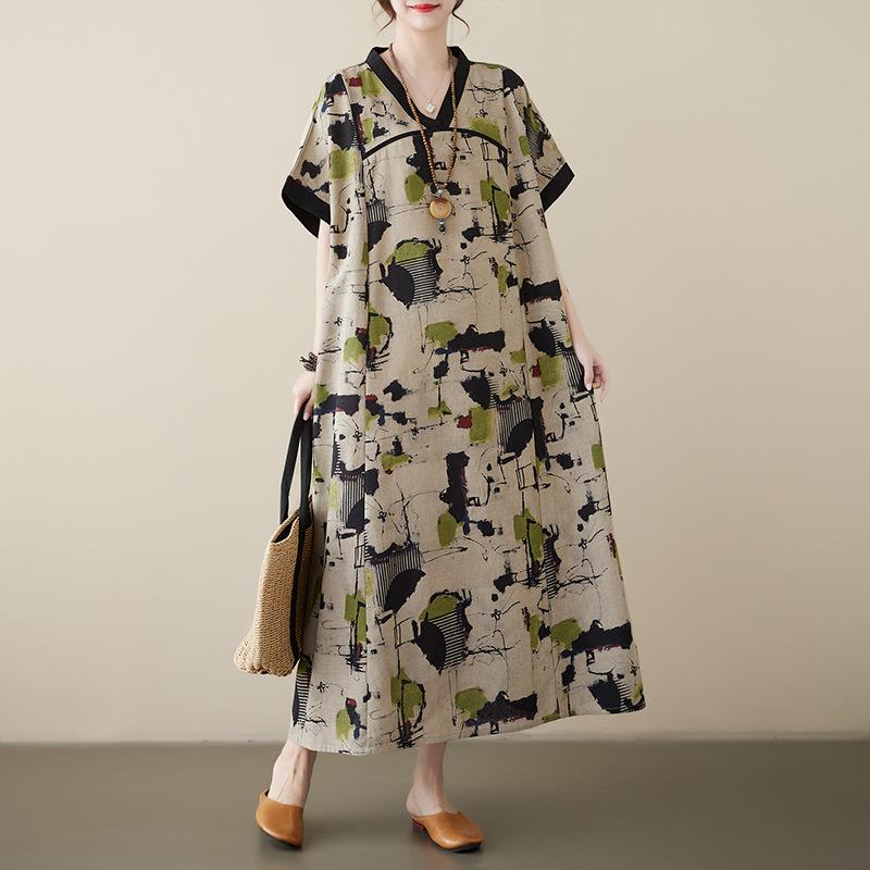 Летнее хлопковое льняное платье с V-образным вырезом, свободное, большого размера, в китайском стиле, ханьфу, улучшенное, средней длины, с короткими рукавами, для женщин, платья