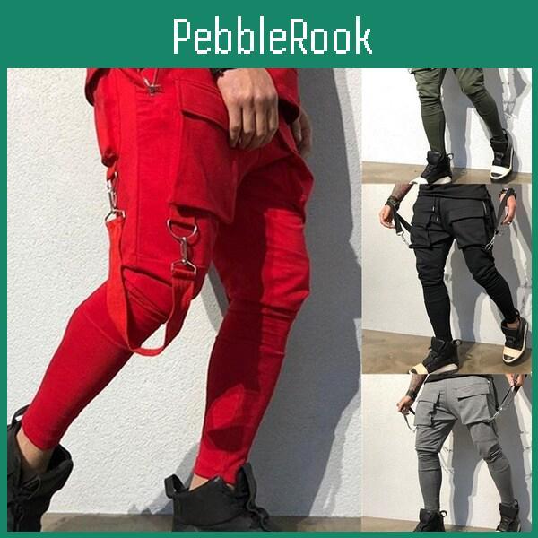 Pockets Side Mens Zipper Ribbons Jogger Trousers Cotton Hip Hop Streetwear Sweatpants Pencil Pants
