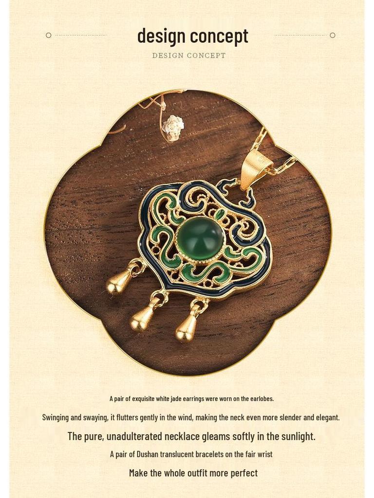 Vintage Court Style Enamel Filigree Necklace with Inlaid Green Chalcedony Ruyi Lock for Women