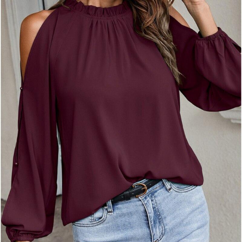 Long Sleeve Women Chiffon Blouse Off Shoulder Stand Collar Fashion Green Lady Tops Ruffle Casual Shirts Womens Clothing 24406