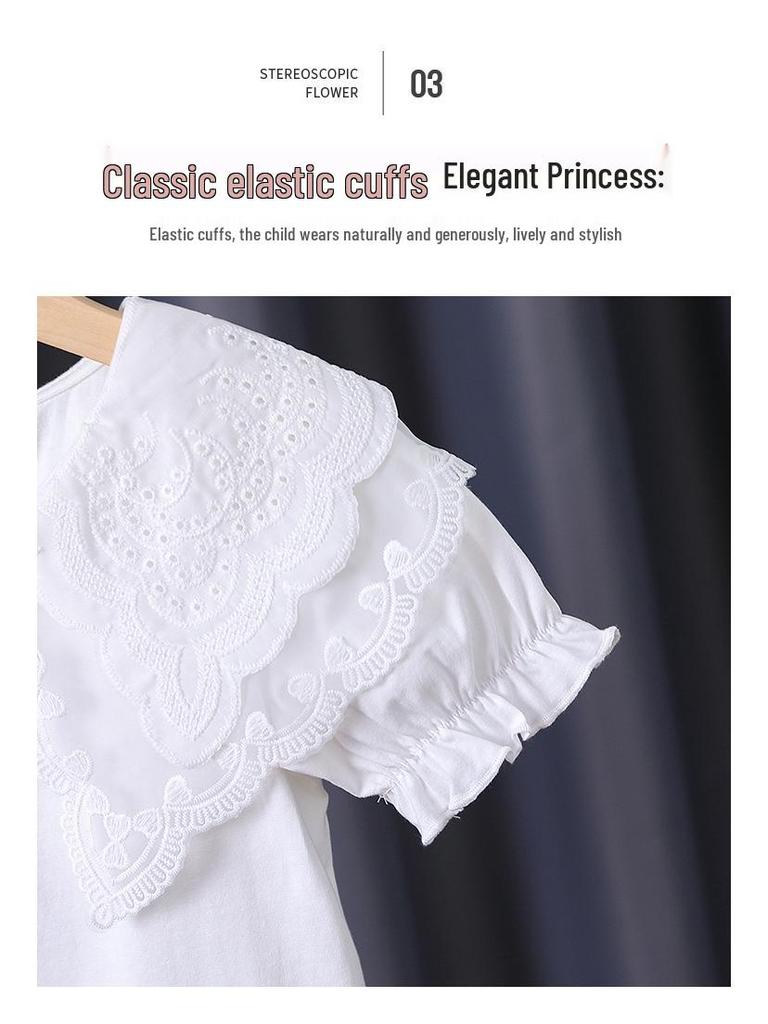 Премиальная хлопковая футболка с белым кружевным воротником для девочек - Летняя с коротким рукавом для детей