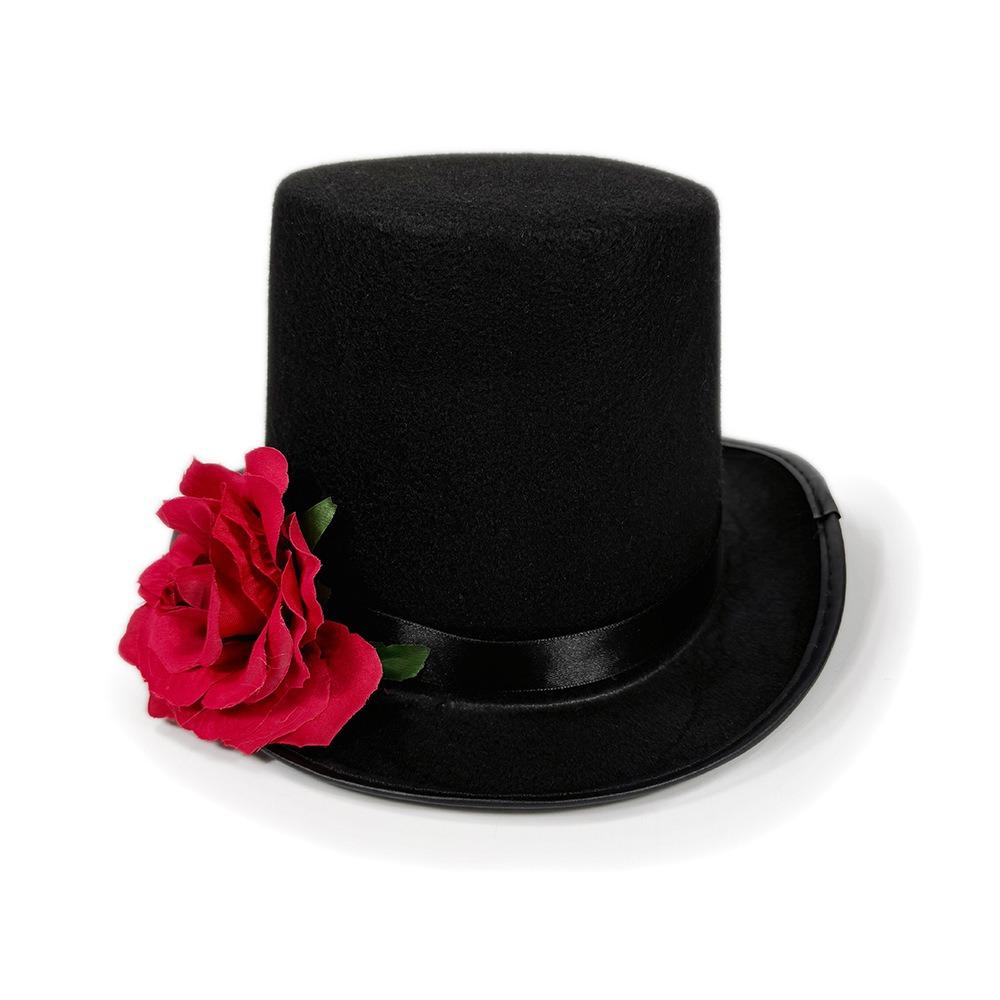 Classic Black Rose Gentleman Cap Vibrant Red Magician Fedora Headwear Drama Actors