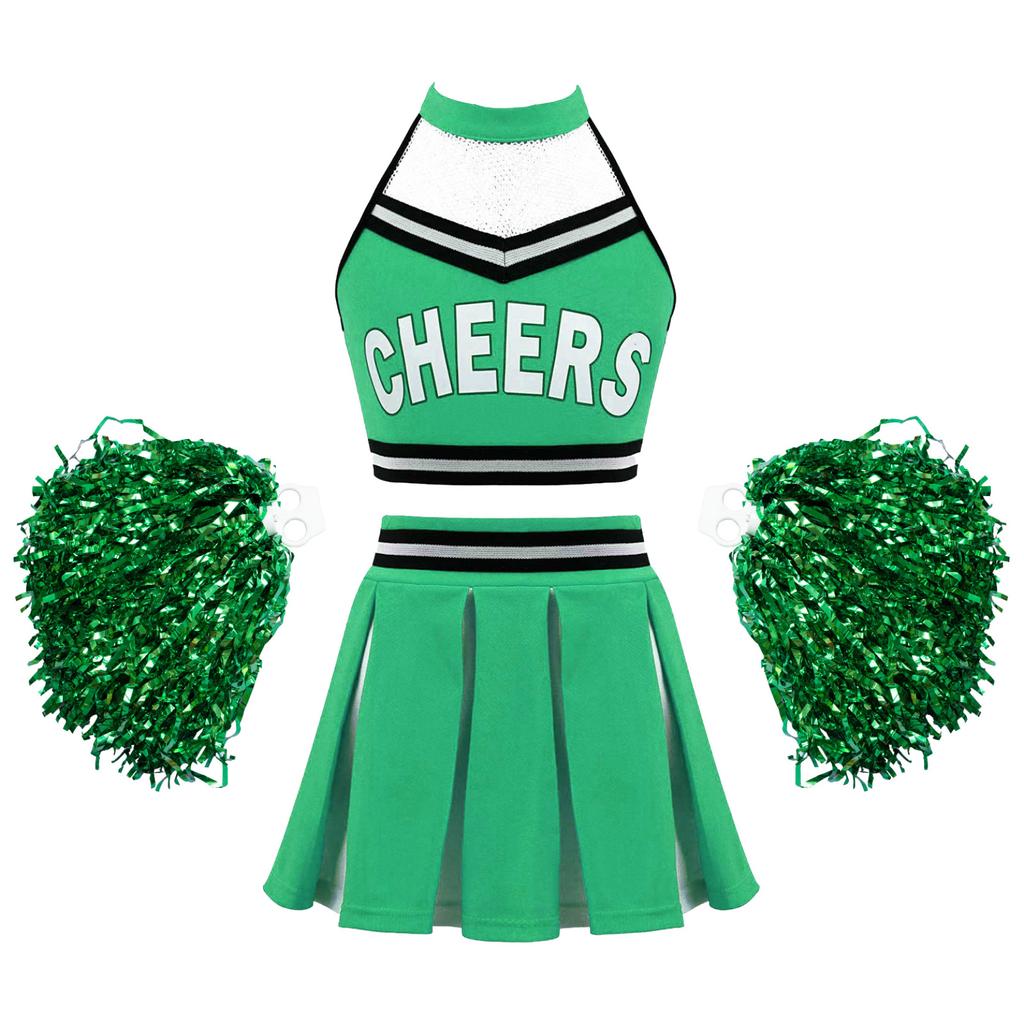 School Girls Costume Cheerleading Uniform Crop Vest Tops Pleated Skirt for Student Cosplay Party