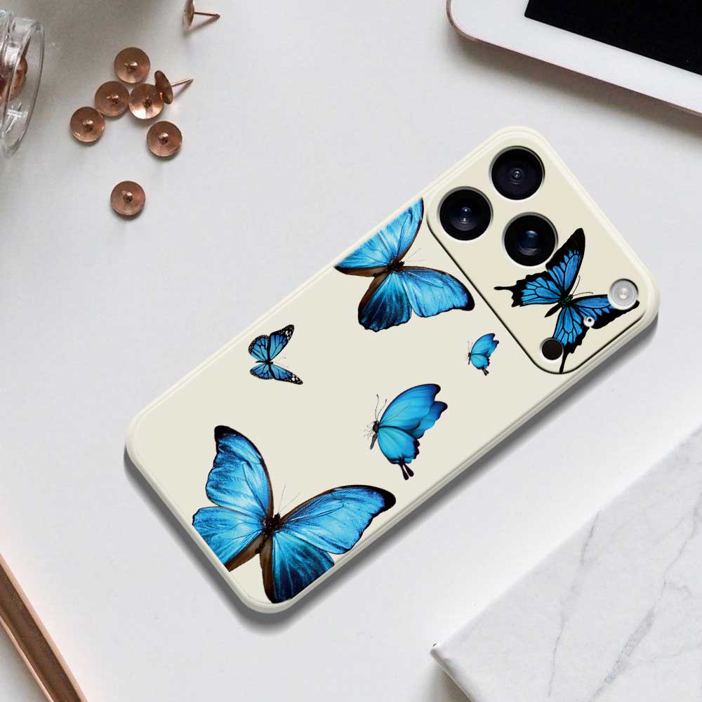 For iPhone 17 Pro Max Case Blue Butterflies Pattern Printing Straight Edge TPU Phone Back Cover