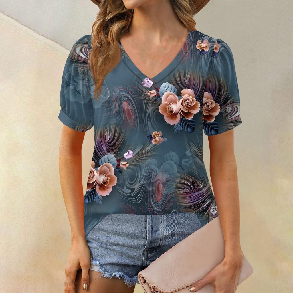 Женские летние топы с коротким рукавом и V-образным вырезом, свободные повседневные футболки