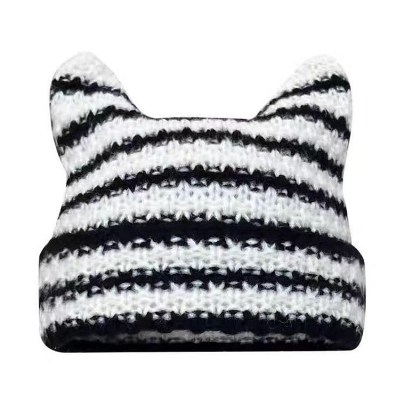Новая японская уличная одежда Harajuku Beanie Little Devil полосатая вязаная шапка для женщин и девочек осень-зима милая шапка с кошачьими ушками