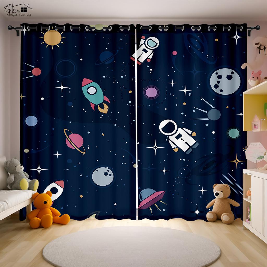 Мультфильм Вселенная 3D Печать Шторы Космонавт Астронавт Космический корабль Ракета Планета Инопланетянин Спальня Детская комната Шторы 2 ШТ