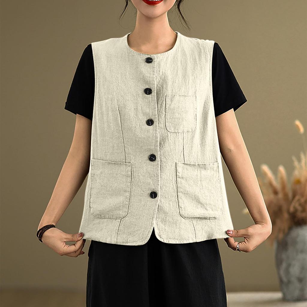 Womens Cotton Linen Vest Casual Sleeveless Coat Cardigans Lightweight Jacket Waistcoat Top