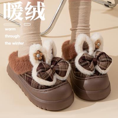 Хлопковые тапочки на высоком каблуке женские зимние 2025 новые на толстой подошве с увеличенной теплотой, бархатной теплотой, хлопковые тапочки с бантом женские