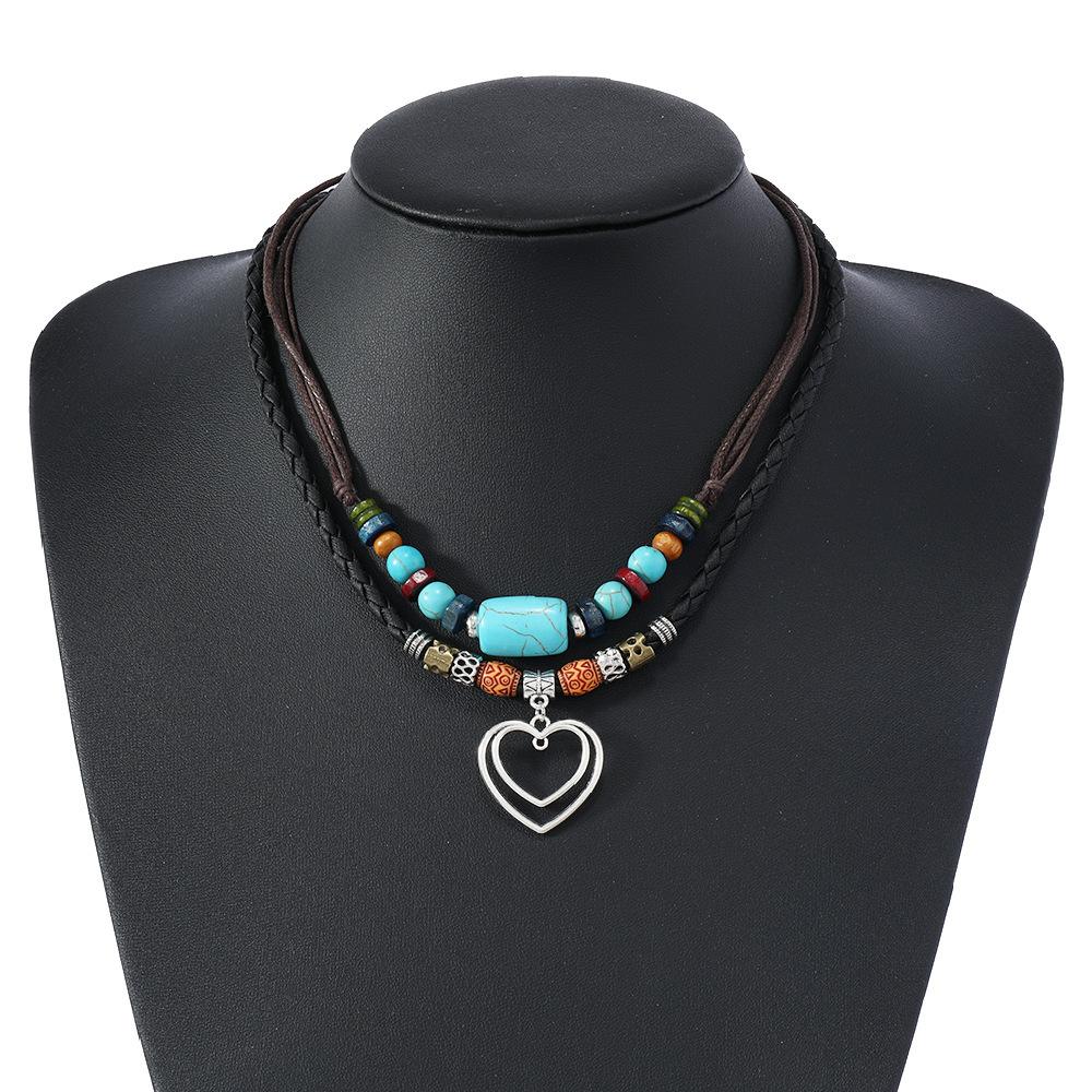 Butterfly-shaped Wooden Beaded Double-layer Necklace, Women's Retro-style Woven Rope Collarbone Chain