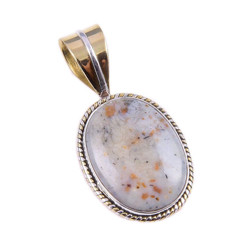Natural Dendrite Opal 925 Solid Sterling Silver Gift TwoTone Pendant 1.25" u1q28