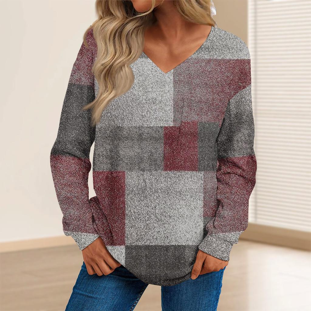Women's Fashion Casual Long Sleeve Printed V- Neck Sweater Top