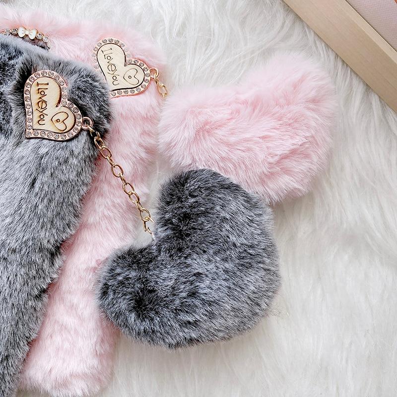 Чехол с подвеской в ​​форме сердца и кролика для Samsung Galaxy S21 S20 S10 S9 S8 Plus S7 A13 A33 A53 A12 A22 A32 A52 A21s A31 A51 A71, плюшевый чехол для телефона с волосами