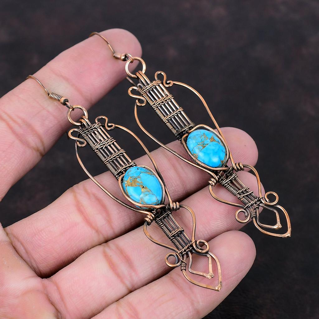 Медно-голубая бирюзовая серьга, медная проволочная обернутая серьга, драгоценный камень, медные украшения, серьги ручной работы, проволочная обертка, уникальные серьги для подарка