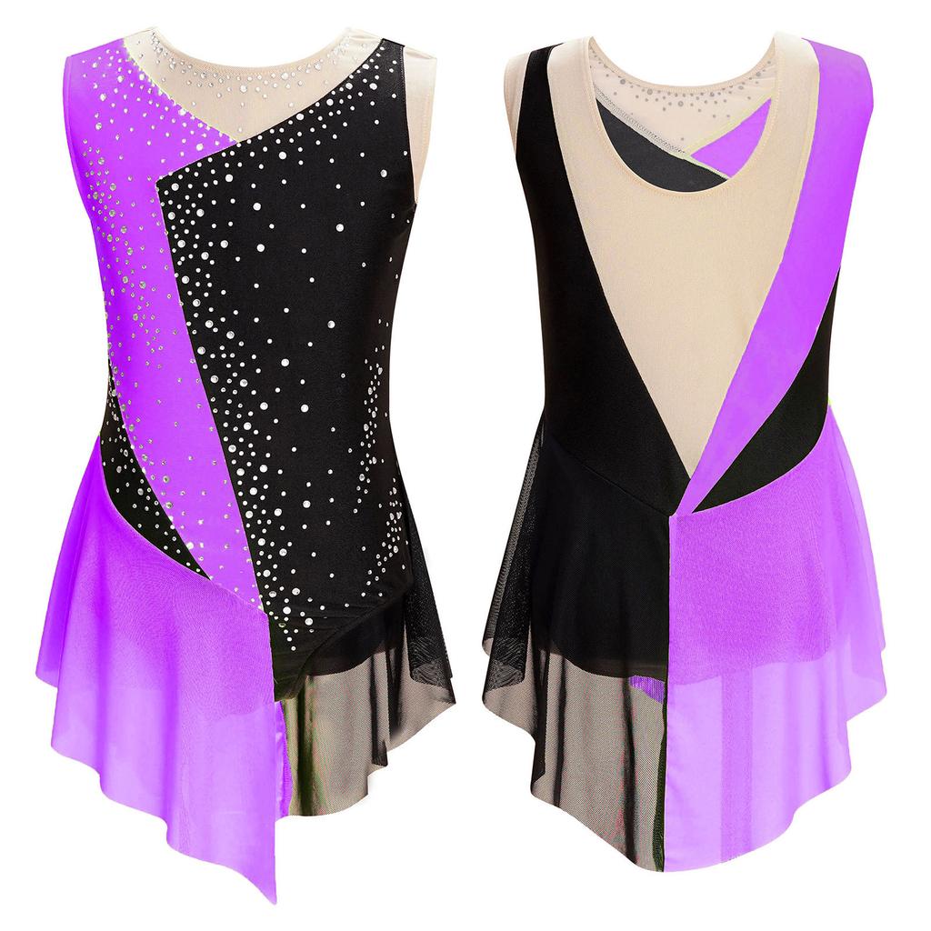 Kids Girls Sleeveless Figure Ice Skating Dress Artistic Gymnastics Leotard Competition Costume Dancewear