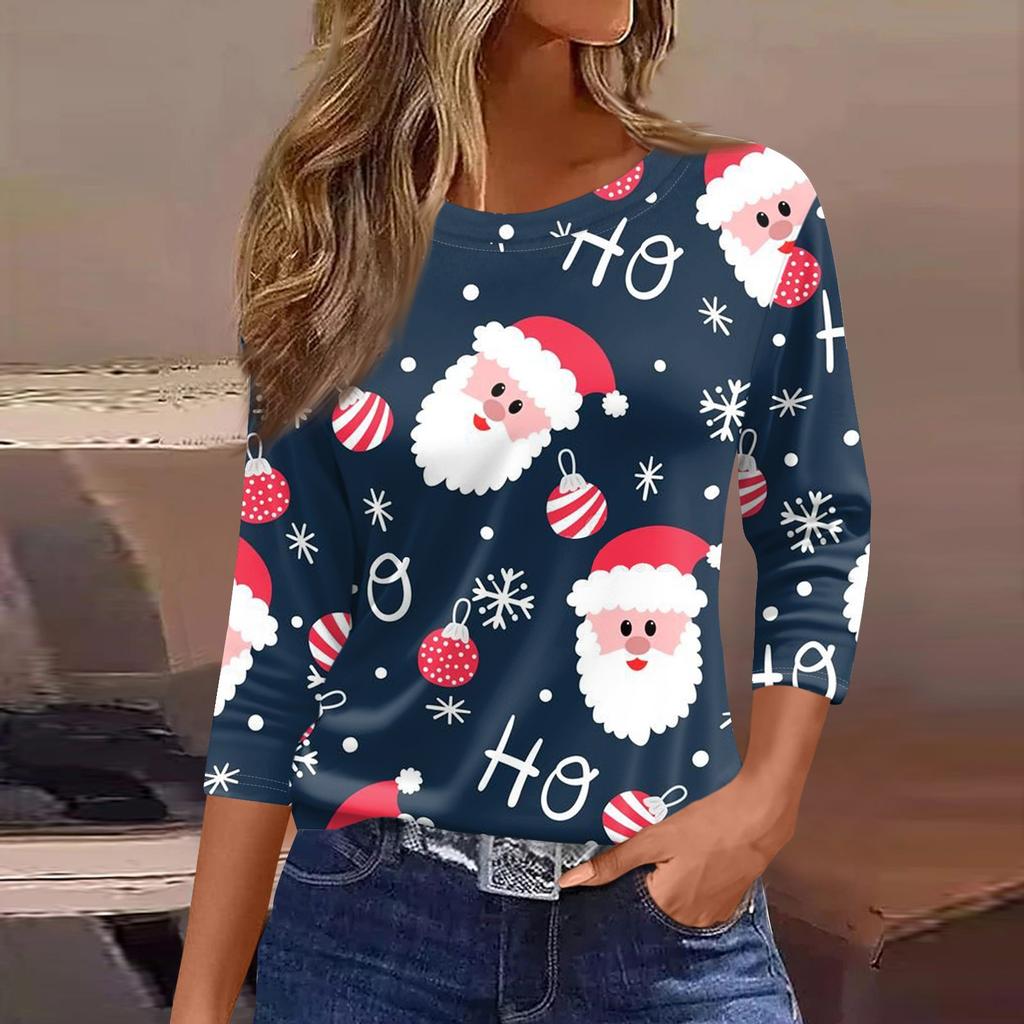 Женские топы, рубашка с семью рукавами, свободная футболка с круглым вырезом и принтом рождественского снеговика и елки