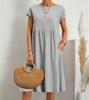 Plus Size Cotton Linen Dress For Women Summer Casual Splicing Pocket Dresses Female Short Sleeve Loose Midi Dresses