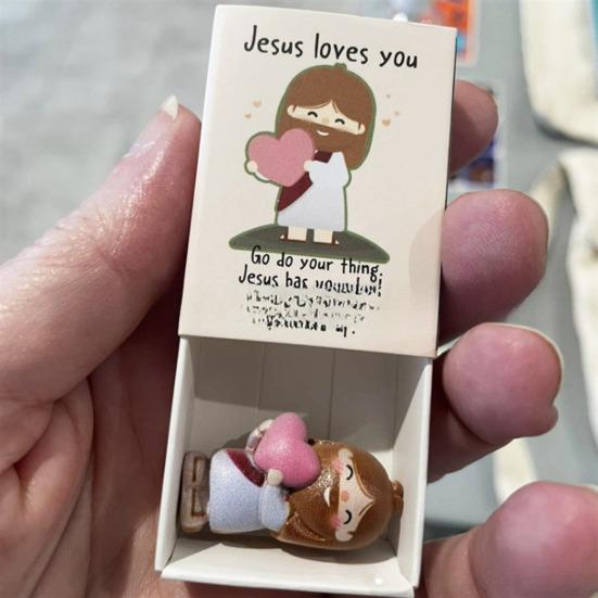 Jesus Love You Matchbox Decoration Match Box with Holding Love Heart Mini Jesus Figurine Inside Valentines Day Easter Religious Ornament Gift