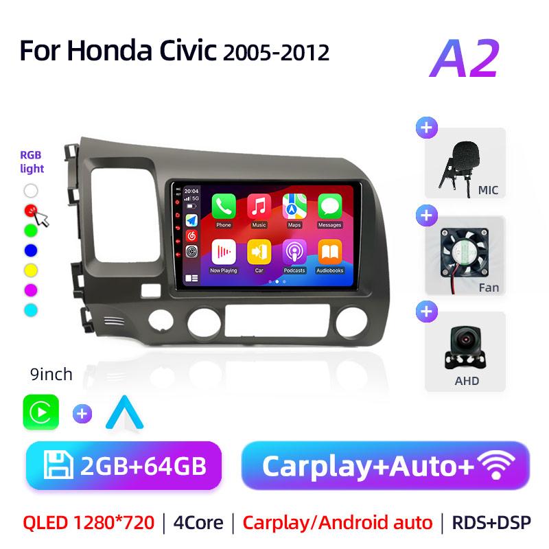 9" Android 12 Carplay автомобильный стерео радиоприемник для Honda Civic 8 2005 - 2012 мультимедийный плеер навигация GPS 2 Din 4G аудио DVD