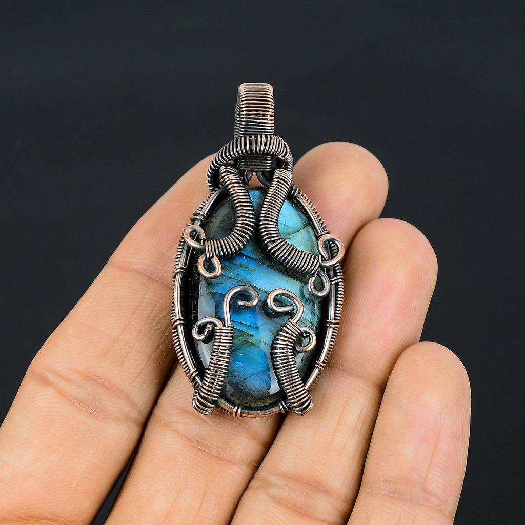 Labradorite Pendant, Handmade Gemstone 999 Copper Wire Wrapped Pendant Antique Jewelry, For Gift Silver Jewelry