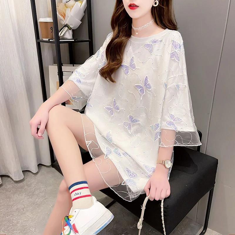 Short Sleeve Women's T-shirt Sequin Female Top One Pieces Polyester Korean Reviews Many Clothes Tee Fashion Clothing 2025 Sale