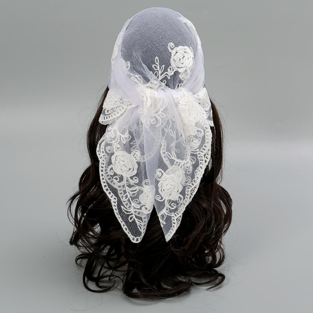 Rhinestone Embroidered Floral Square Lace Scarf For Woman Turban Summer Sun Protection Wraps Ladies Bandana Travel Soft Headband