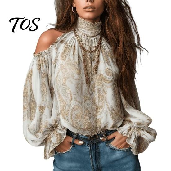 Ladies Casual Shirts Women Fall Cold Shoulder Shirt, Vintage Ethnic Print High Soft Collar Blouse, Ruffle Lantern Sleeve Top