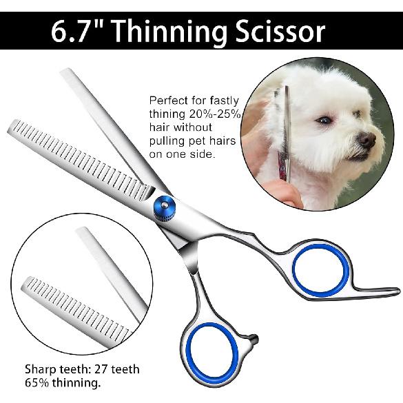 Dog Grooming Scissors with Safety Round Tip,Pet Grooming scissors Kit,Dog Shears for Grooming,Incude Thinning,Curved Grooming Scissors and Comb for