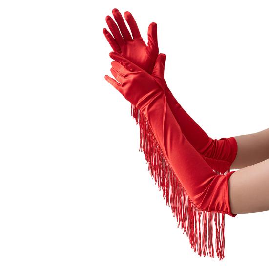 Fringed Elbow Gloves 17.7" Vintage Long Opera Pageant Gloves 1920s Bridal Gloves for Halloween Costume Party Wedding Accessories