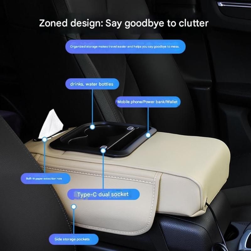 Многофункциональная автомобильная подлокотник-бокс, кожаная подушка с 2 USB-портами для быстрой зарядки и местом для хранения