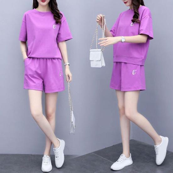 Комплект из 2 предметов для женщин, летний комплект из топа с круглым вырезом и короткими рукавами, короткие спортивные штаны, повседневный спортивный костюм для бега, комплект для отдыха