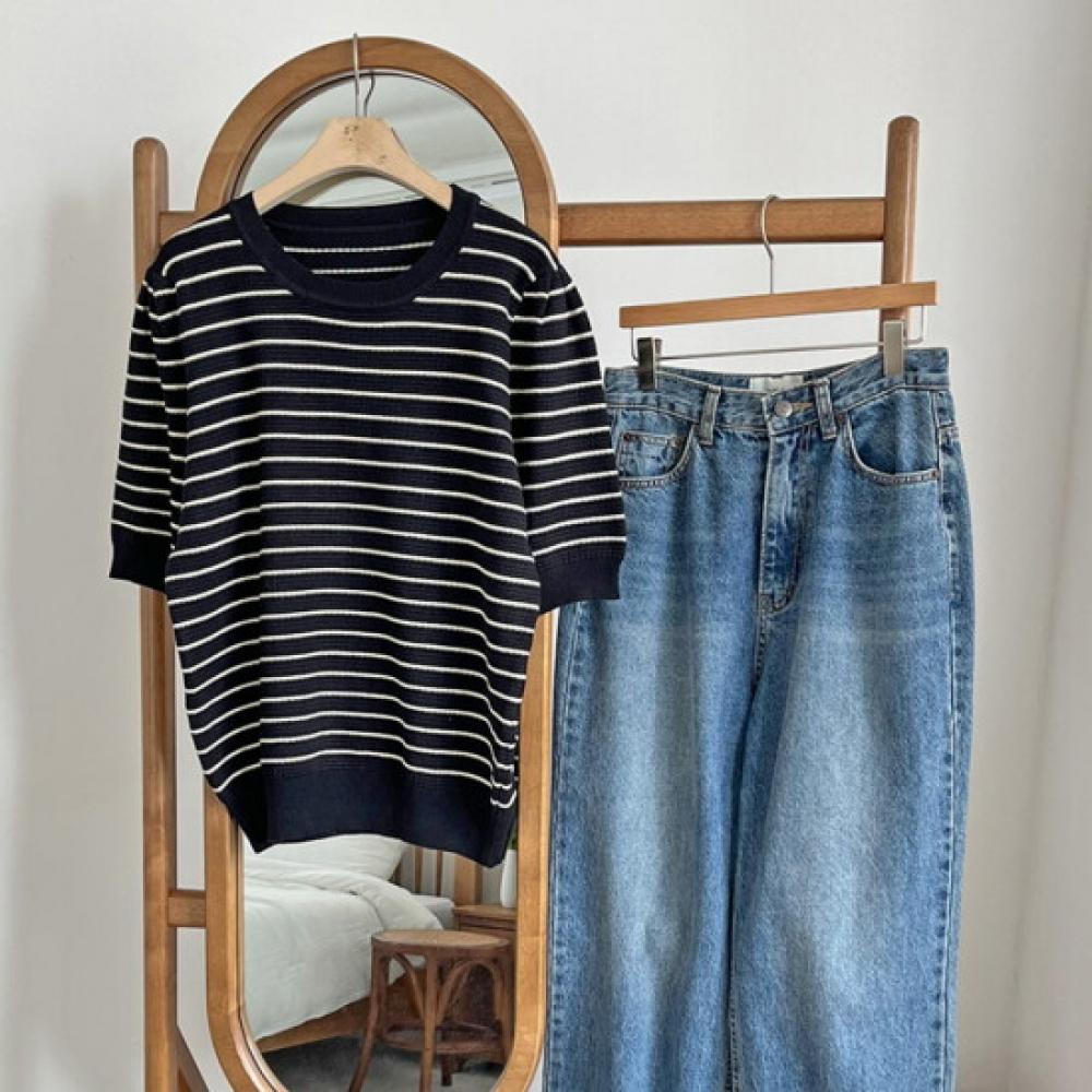 Shop Women Round Neck STriped Shirring ShorT Sleeve KniT T shirT Dgb Wkn 3613