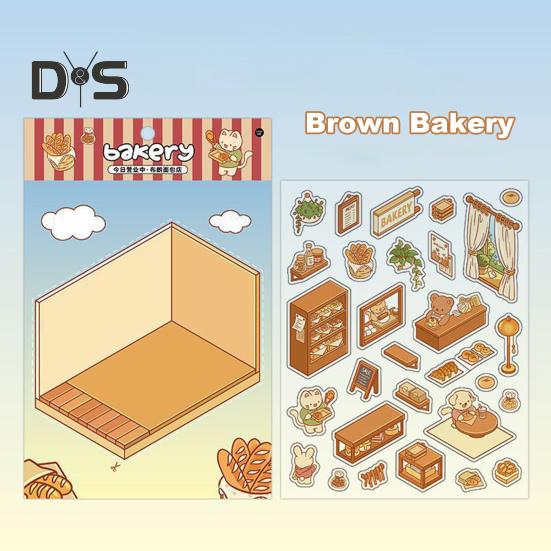 4 Set 3D DIY House Scene Stickers Stress Relief Decals Supermarket Coffee Shop Bookstore Sun Room Library Tear-resistant Surface Stickers