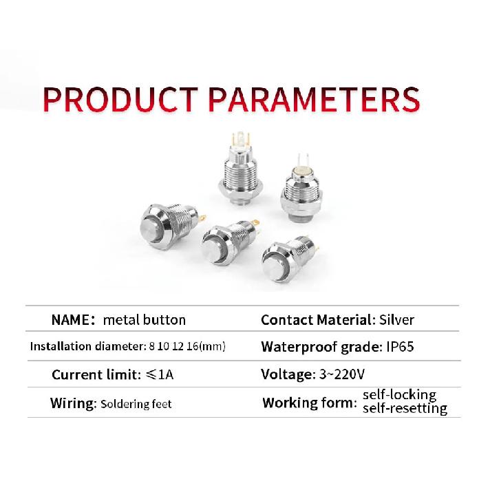 1NO High head Waterproof Metal Push Button Switch LED Light Self-locking/reset 3/6/12/24/220V 8/10/12/16mm Brass nickel plating