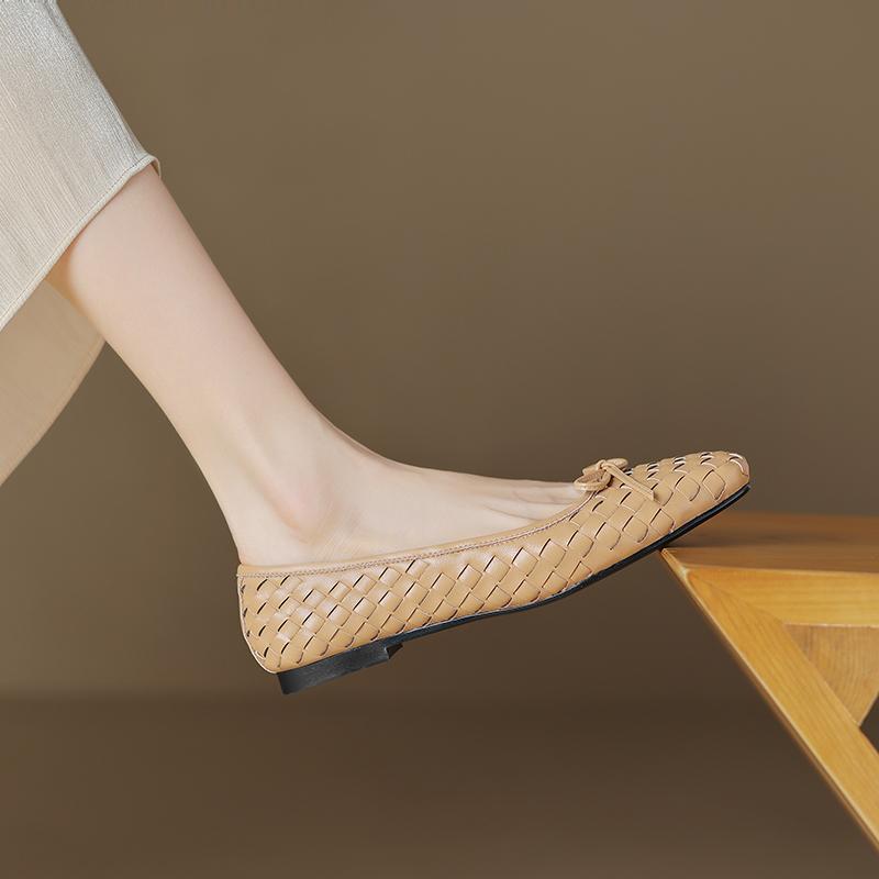 Модные ретро туфли на плоской подошве с квадратным носком, плетеные туфли 2024 года, новые женские удобные мягкие балетки из натуральной кожи на низком каблуке