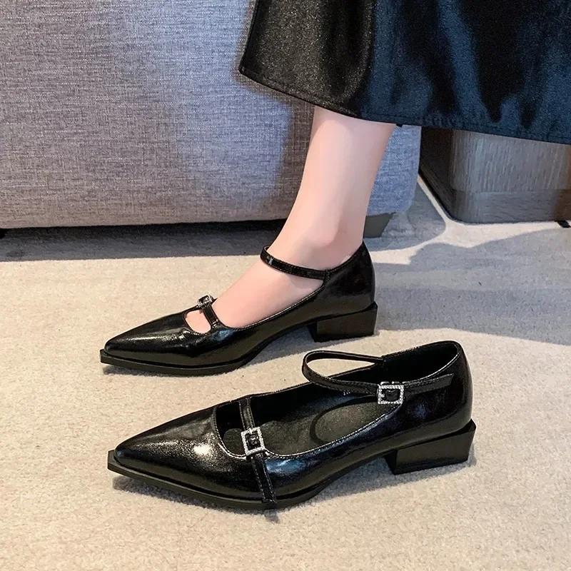Модные туфли Мэри Джейн с острым носком для женщин Модные туфли на среднем каблуке для банкета Весенние женские туфли-лодочки из кожи Элегантный парит