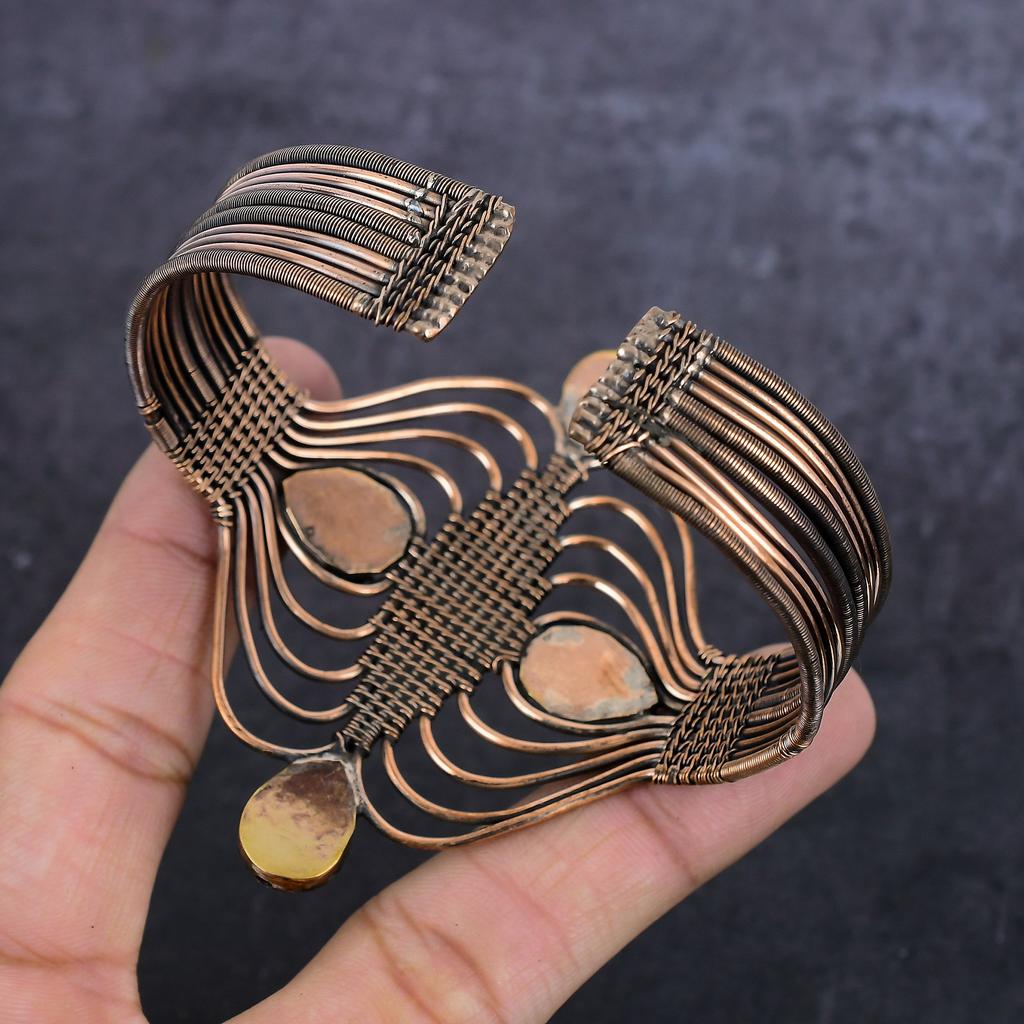 Браслет-манжета из медной проволоки с аметистовым драгоценным камнем, регулируемый, ручной работы A1i25