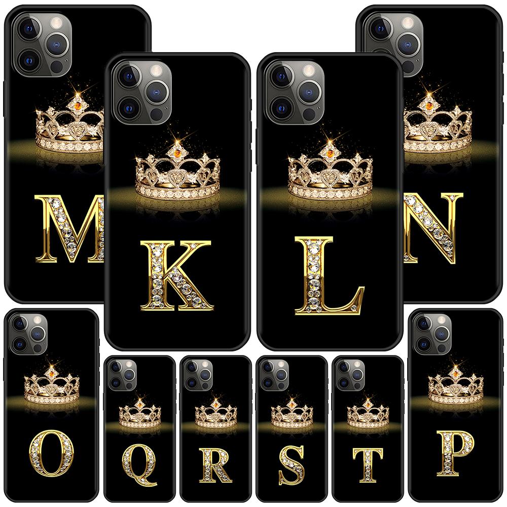 Чехол для Apple iPhone 14 11 13 12 Pro Max XR 7 8 + SE 2020 XS 6 6s Plus 5 5s, черный силиконовый чехол для телефона с бриллиантовой короной и буквой