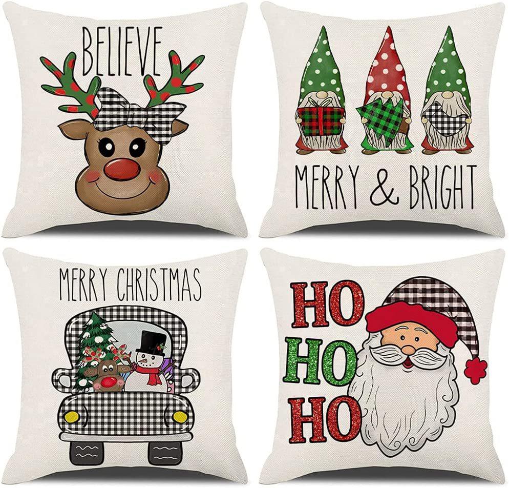 Christmas 4 Piece Throw Pillow Set Red Throw Pillow Sofa Cushion Linen Printed Cushion Bedside Cushion
