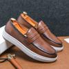 Fashion Trendy Platform British Loafers Men Round Toe Leather Shoes Non-Slip Durable Business Casual Height Increasing Driving Shoes