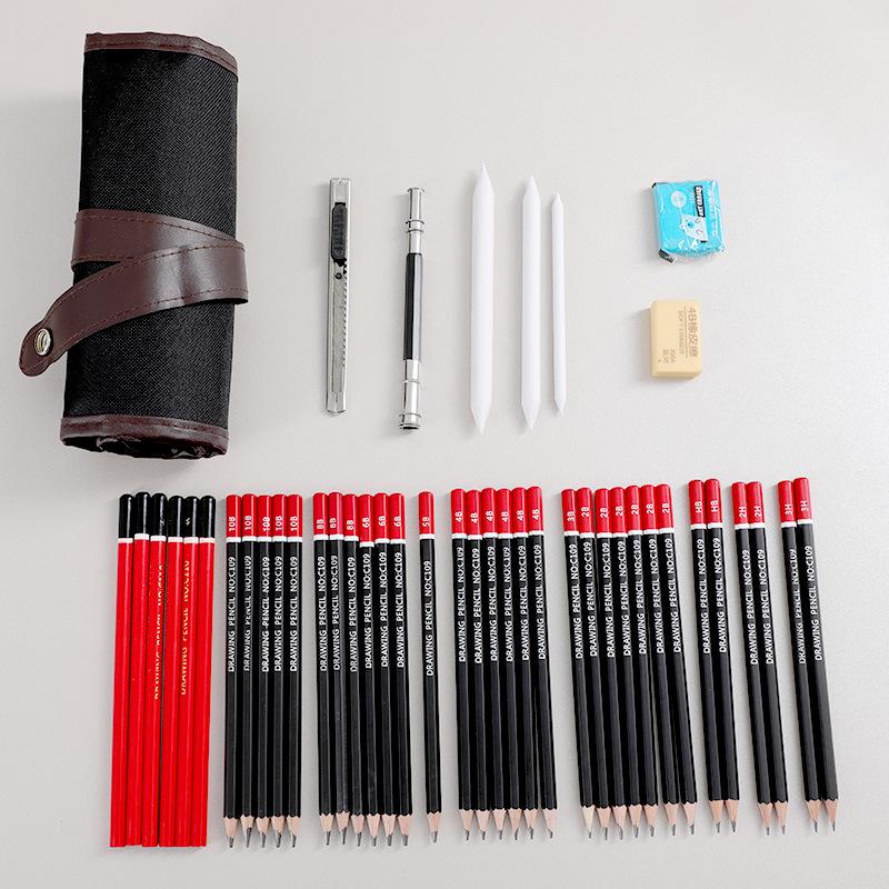 39-Piece Beginner Sketching Set: Charcoal Pencils, Eraser, Paintbrushes & Pencil Roll-up Case